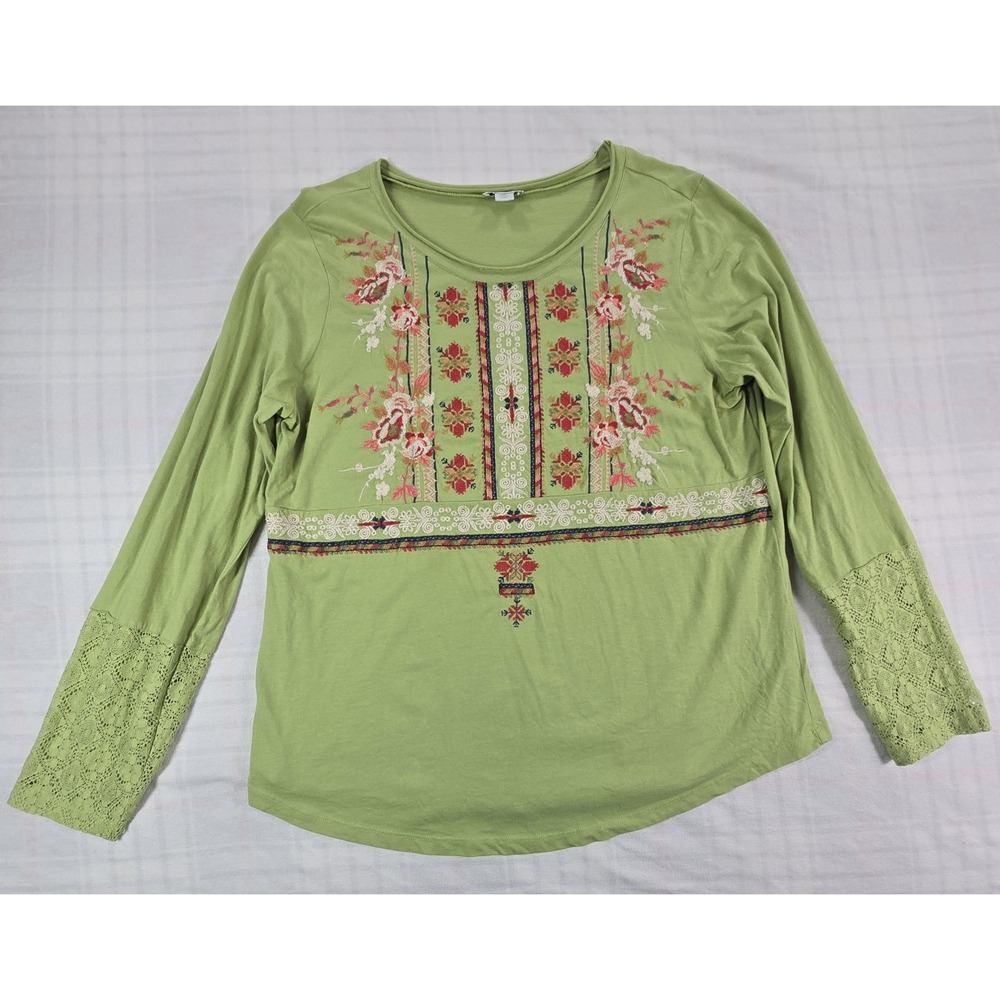 Sundance Top Sage Green Cotton Embroidered Lace Sleeve Aztec Floral  Womens XL